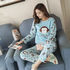 Female winter clothing Home Furnishing thick flannel pajamas student cute cartoon long sleeved coral velvet autumn leisure suit M code (75-100 Jin) Blackish green