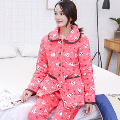 The winter pajamas coral fleece three thicker clip cotton padded jacket plus velvet lady long sleeved flannel suit Home Furnishing code M [suggestion 80-95 Jin] Watermelon Red