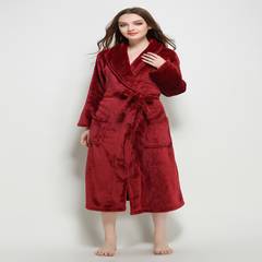 Autumn and winter with fertilizer XL flannel gown male ladies pajamas bathrobe couple lengthened and thickened 200 pounds Increase 5XL (less than 260 Jin) Female Bordeaux