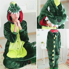 Flannel pajamas female conjoined Animal Dinosaur cartoon cute couple winter male long sleeved Terry Home Furnishing. L (168-178 height) without shoes A green dinosaur