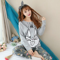 In spring and Autumn period, the Korean version of pajamas, autumn cotton, long sleeves, lovely and sweet, student girl home wear leisure thin set M gray