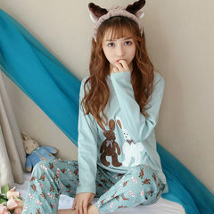 In spring and Autumn period, the Korean version of pajamas, autumn cotton, long sleeves, lovely and sweet, student girl home wear leisure thin set M green