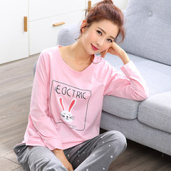 In spring and Autumn period, the Korean version of pajamas, autumn cotton, long sleeves, lovely and sweet, student girl home wear leisure thin set M Medium pink