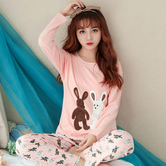 In spring and Autumn period, the Korean version of pajamas, autumn cotton, long sleeves, lovely and sweet, student girl home wear leisure thin set M hot pink