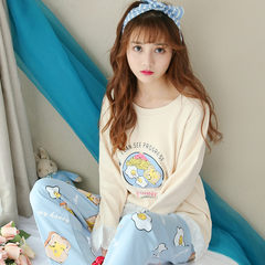 In spring and Autumn period, the Korean version of pajamas, autumn cotton, long sleeves, lovely and sweet, student girl home wear leisure thin set M Elegant apricot