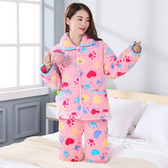 Coral velvet pajamas female winter thickening big code, loose and lovely flannel home suit, three layers of cotton clothing warmth L suits 80-100 catties Pink footprints