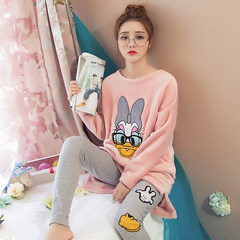 Plush flannel lovely Korean students pajamas, female autumn winter coral velvet plus cashmere thickening thin set L (complimentary cotton slippers) 1646 Pink
