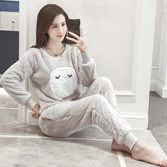 Coral velvet pajamas, Korean winter edition, fresh autumn students, sweet and lovely, thickening flannel home suit M code [store store presents small gifts] 821 owl cashmere - grey (single pocket)
