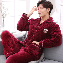The winter of three layer with men's cashmere coral fleece clip COTTON PAJAMA Flannel Suit Jacket warm Home Furnishing male L [100-130 Jin] 7001# red wine
