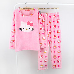 Winter style Plush flannel lady long sleeve pajamas, Korean coral Plush lovely warm home suit M Pink