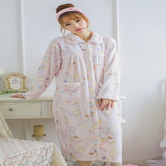 Cute girls female flannel gown of autumn and winter Clubman thickened coral fleece bathrobe Nightgown long sleeved pajamas F Pink clouds robe in the long section of length 108