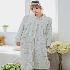Cute girls female flannel gown of autumn and winter Clubman thickened coral fleece bathrobe Nightgown long sleeved pajamas F Blue clouds robe in the long section of length 108