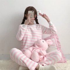 Cute Korean winter loose long sleeved striped Coral Fleece Pajamas two piece suit female students Home Furnishing F Pink slip
