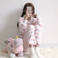 Cute Korean winter loose long sleeved striped Coral Fleece Pajamas two piece suit female students Home Furnishing F Color