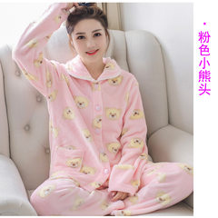 Lady cardigan Plush pajamas female thick flannel suit Home Furnishing dress warm winter coral fleece long sleeved loose XL (120-135 Jin) Pink little pig head