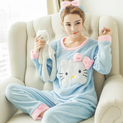 Autumn and winter Coral Fleece Pajamas long sleeved clothing female Korean large code Home Furnishing thick sweet Flannel Suit Flannel fabric does not fade without fading KT cat blue cashmere
