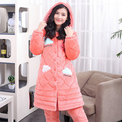 Flannel clip cotton pajamas female winter three thicker in the long section of coral cashmere cashmere and cotton padded jacket Home Furnishing suit L (less than 105 kg) 164 melon red
