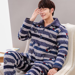 Special offer every day [] men and women pajamas winter mink cashmere Home Furnishing suit three thick layer of warm cotton pajamas XL [three layers thickened extra thick] Blue stripes [crystal velvet extra thick]
