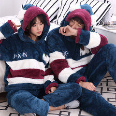 Autumn and winter coral velvet pajamas, long sleeve men, thickening big yards, cartoon lovely flannel women's home suit Male XXL code [high 175-185 heavy 155-185] Navy Blue