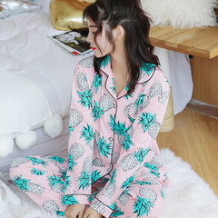 Female Korean students fall pajamas long sleeved cotton cardigan suit female fresh sweet spring autumn Home Furnishing. 2 sets of automatic reduction of 5 yuan Emerald green
