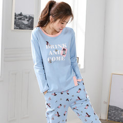 New spring and autumn season pajamas, women's pure cotton long sleeve Korean Edition cartoon suit winter clothing, fashion female XL M (100% pure cotton / cotton) Sky blue