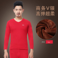 Bosideng V collar man underwear with double cashmere thick neck female long johns lovers'suits winter M guaranteed freight insurance (V collar) Chinese red man