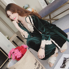 Sexy bralet jinsirong pajamas ladies casual trousers long sleeved autumn and winter clothing three sets of Home Furnishing S Blackish green