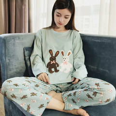 The spring and autumn autumn Korean cartoon Nightgown female long sleeved loose long dress Princess Pajama female Home Furnishing autumn clothes 160 (M) Green Embroidered rabbit suit