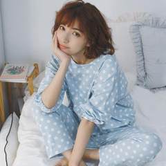 In the spring and Autumn period, the Korean version of pajamas women's long sleeve cartoon set is sweet and lovely, and can be worn outside M Code: 80-90 Jin blue