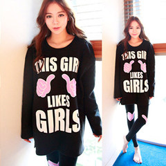 In the spring and Autumn period, the Korean version of pajamas women's long sleeve cartoon set is sweet and lovely, and can be worn outside M Code: 80-90 Jin black