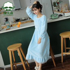 Korean female Sweet Princess Dress flannel pajamas long thick winter lady Home Furnishing coral fleece clothing L Blue Lace Skirt