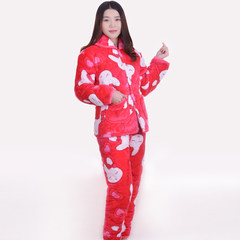 In the three layer of the old lady winter Pajamas Size thickened coral fleece brushed cotton padded jacket suit suit Home Furnishing clearance method XXL code [128-150 Jin] Red double love rabbit