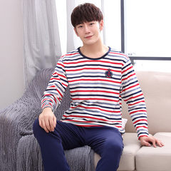 Lovers pajamas, spring, autumn, cotton long sleeve, add fat, increase fat, MM200 pounds, home suit, men's loose suit Trumpet L (100-115 Jin) Long sleeved striped male Badge