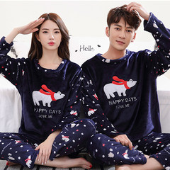 Autumn and winter coral velvet pajamas, long sleeved cartoon flannel men and women suits home clothes, winter thin Korean version Collect screenshots and send small gifts to customer service Blue polar bear