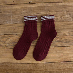 Socks children autumn and winter retro thick line wool, wool tube socks, South Korea two bar striped cotton pile socks Japanese system Size 35-44 Three bar curling wine red