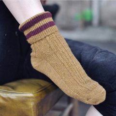 Socks children autumn and winter retro thick line wool, wool tube socks, South Korea two bar striped cotton pile socks Japanese system Size 35-44 Two bar curling Jiang Huang