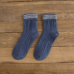 Socks children autumn and winter retro thick line wool, wool tube socks, South Korea two bar striped cotton pile socks Japanese system Size 35-44 Three bar curling blue