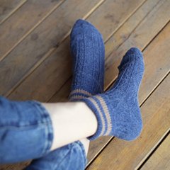 Socks children autumn and winter retro thick line wool, wool tube socks, South Korea two bar striped cotton pile socks Japanese system Size 35-44 Two bar curling blue