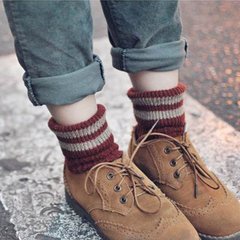 Socks children autumn and winter retro thick line wool, wool tube socks, South Korea two bar striped cotton pile socks Japanese system Size 35-44 Two bar edge red