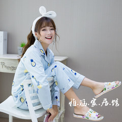 The autumn winter new long sleeved pajamas female cotton stripe cardigan can wear leisure suit and Home Furnishing. XL code (120-140 Jin) Pineapple blue cardigan
