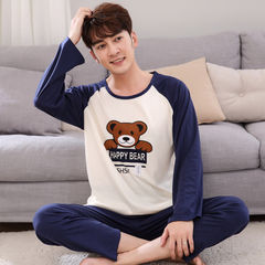 Spring and autumn XL cartoon Young Mens Cotton Pajamas long sleeved Pullover dress suit men Home Furnishing students 4XL (190/210-245 Jin) Sky blue