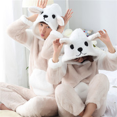 Autumn and winter lovers pajamas coral fleece hooded cardigan thickened cute girl cartoon Home Furnishing men's suit Female L code [100-120 Jin] 111 white bear