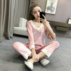 Fresh coral fleece velvet pajamas sexy female Korean students in autumn and winter sweet long thickening of two sets S Pink
