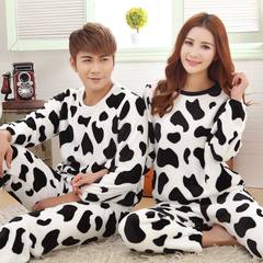 Lovely spring and autumn lovers, coral pajamas, set of cows, ladies, autumn and winter, men go out wearing suits Male L (100-130 Jin) Round neck cow (sleeve necking down) cashmere