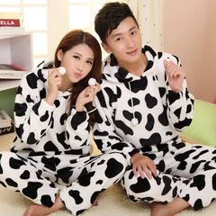 Lovely spring and autumn lovers, coral pajamas, set of cows, ladies, autumn and winter, men go out wearing suits Male L (100-130 Jin) Hooded cow (sleeve necking)