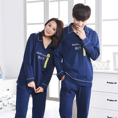 Women's pajamas, spring and autumn, pure cotton long sleeve thin suit, young Korean cotton stripe male winter clothing [female XL+ male XXL] Blue 2