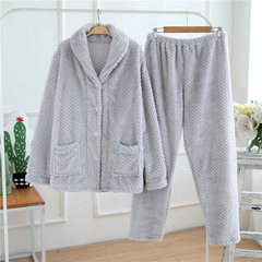 Ladies' pajamas, autumn and winter women's coral velvet men's flannel Plush winter clothing suit M Gray male