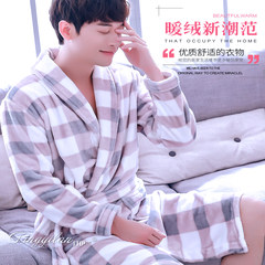 A couple of thick flannel gown bathrobe and men's and women's autumn and winter Coral Fleece Pajamas female cotton long sleeved winter 155 (S) Male Plaid Nightgown