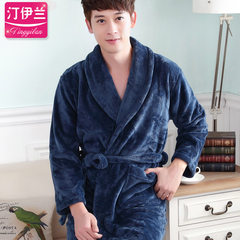 A couple of thick flannel gown bathrobe and men's and women's autumn and winter Coral Fleece Pajamas female cotton long sleeved winter 155 (S) Solid - navy blue robe Mens