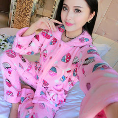 Flannel cute cartoon pajamas female autumn winter thickening coral velvet home suit set long sleeves lady warmth M Ginger
